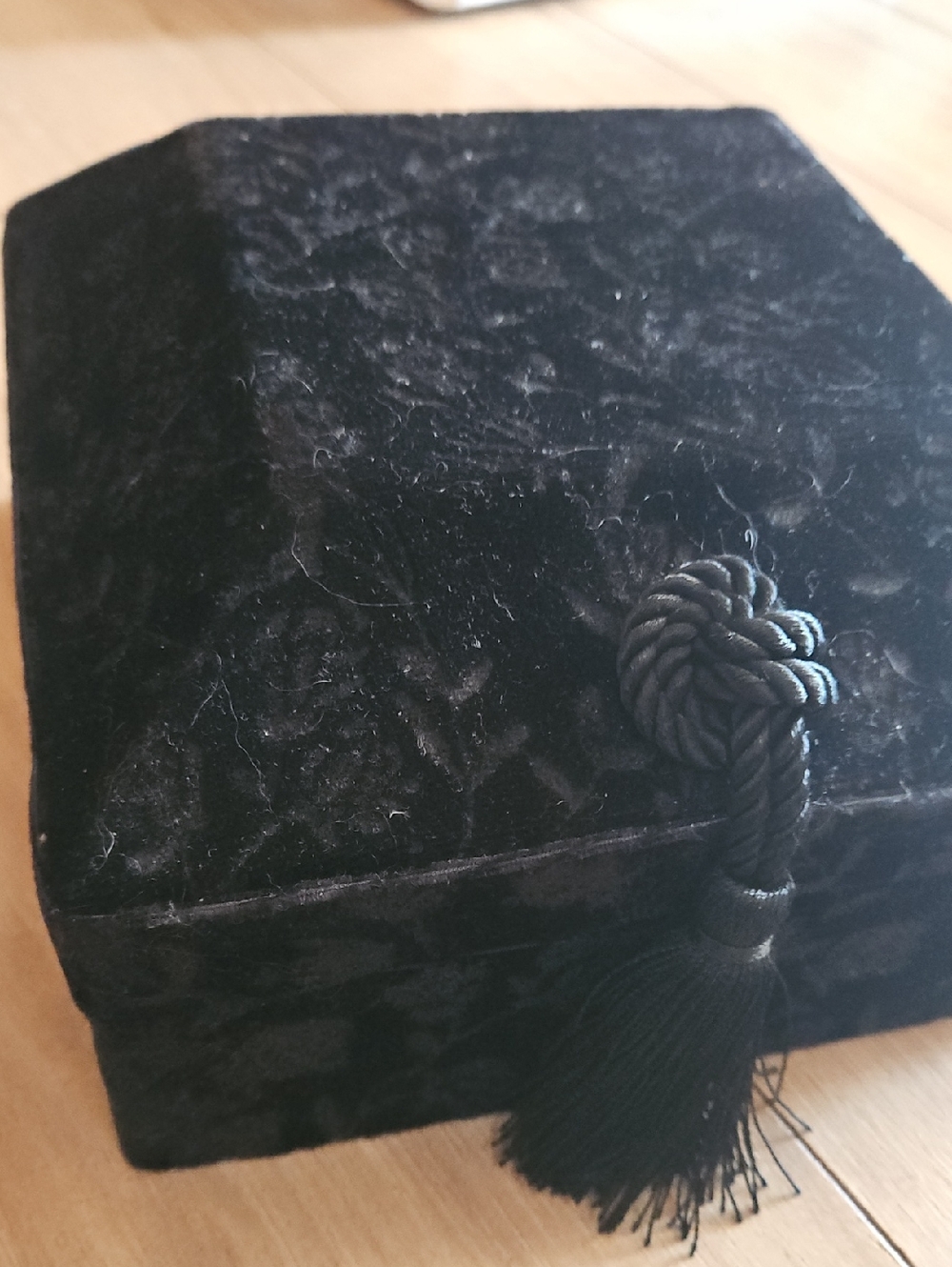 Black Velvet Broque Jewelry Box with Tassel 8 x 8 x 4 3/4 Inches